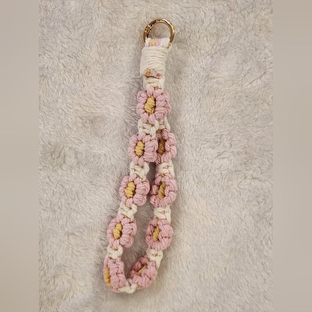 Handmade Pink and Cream Macrame Keychain Bag Charm